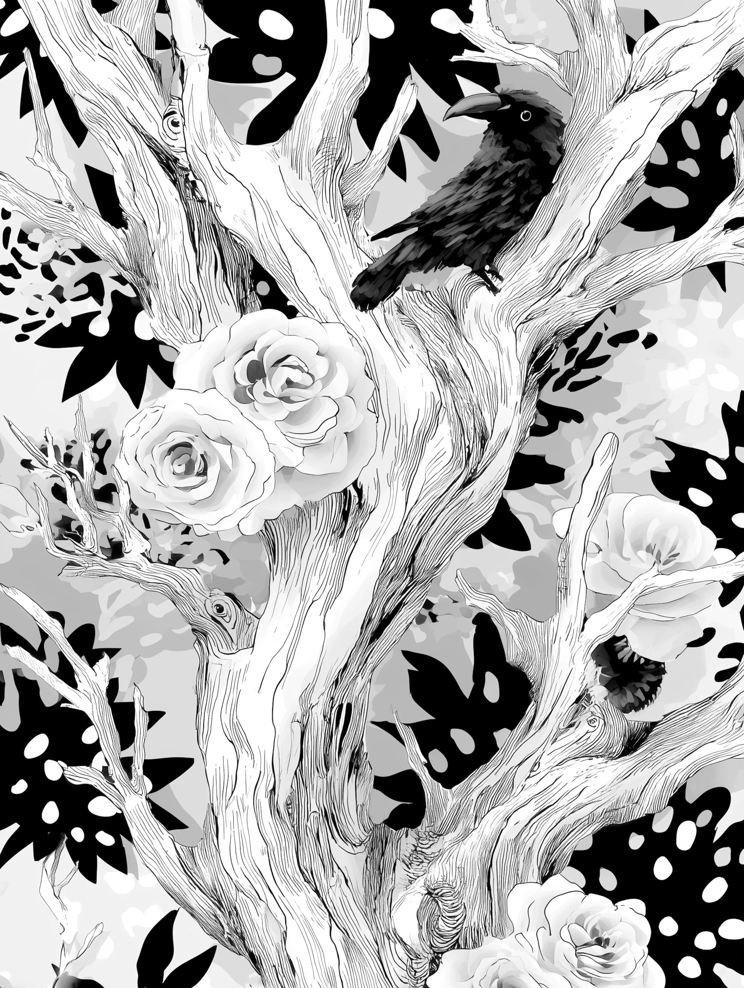 Free printable dead tree coloring page for adults featuring raven in a twisted dead tree